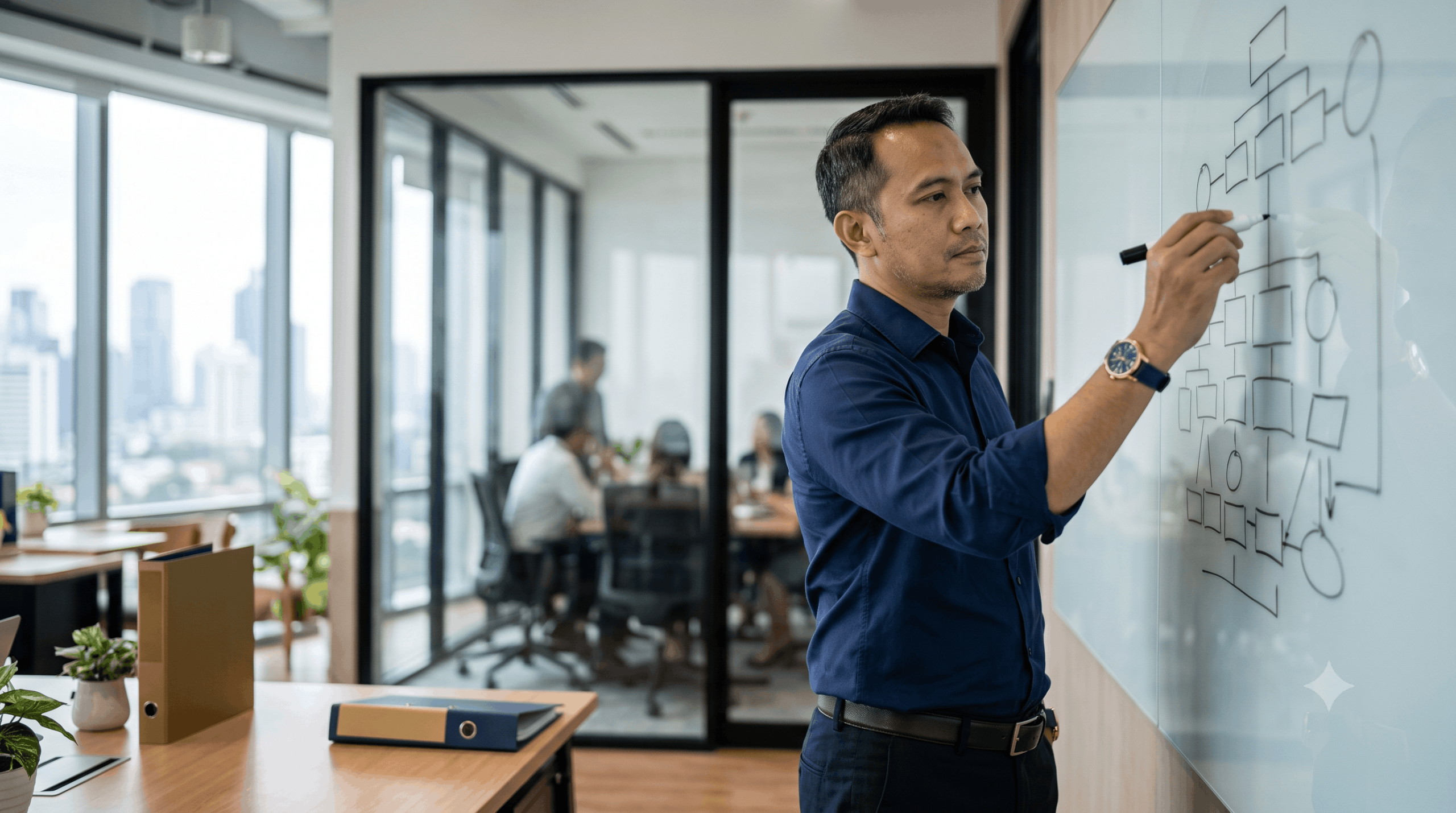 Cara membangun sistem penjualan — pengusaha Indonesia merancang arsitektur sistem penjualan di whiteboard kantor modern Jakarta