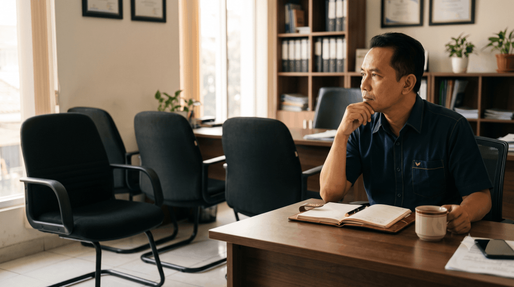 Pemilik bisnis merenungkan kenapa ganti tim sales hasil tetap sama setelah tiga kali pergantian