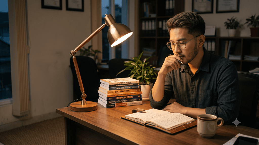 Pemilik bisnis yang tahu teori tapi tidak eksekusi merenungkan catatan seminar yang belum diterapkan