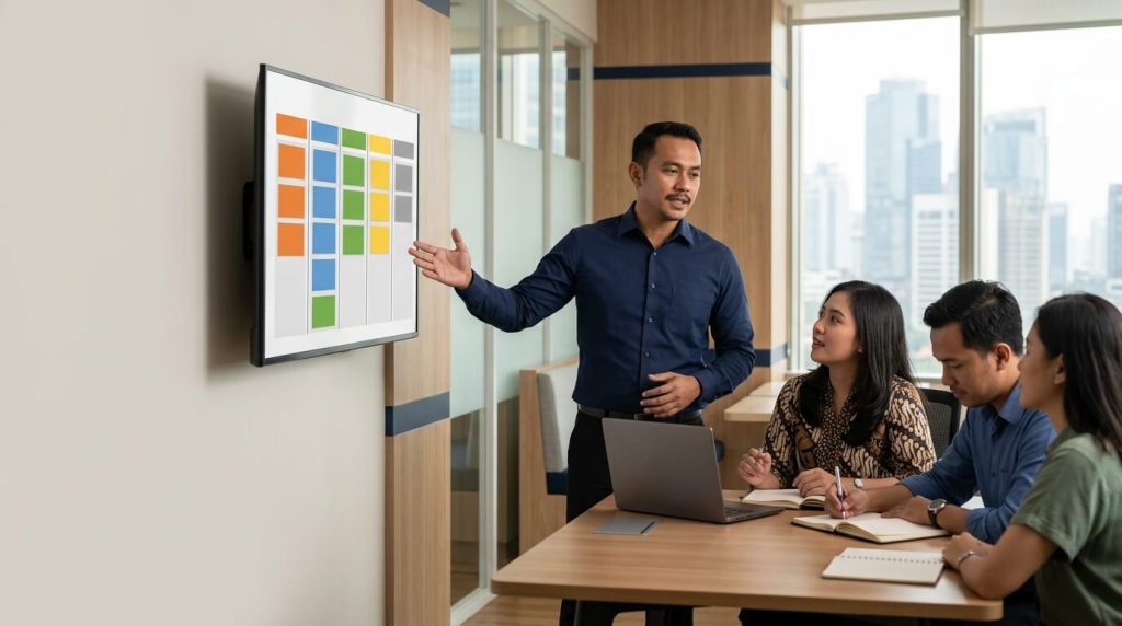 sales pipeline ditinjau sales manager Indonesia bersama timnya di kantor modern Jakarta