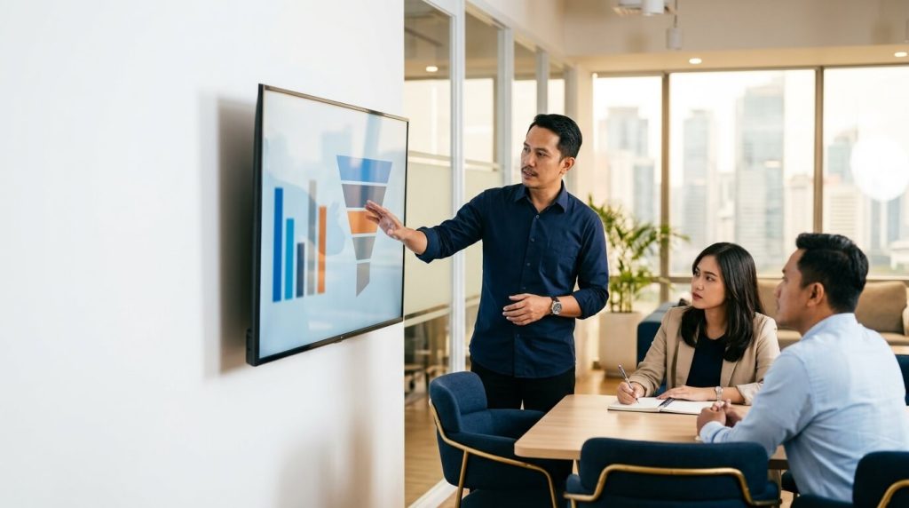 kpi sales ditinjau manajer penjualan Indonesia di dashboard kantor modern Jakarta