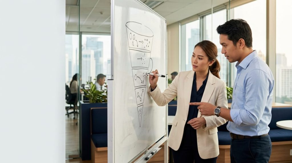 sales funnel dipetakan tim penjualan Indonesia di papan tulis kantor modern Jakarta
