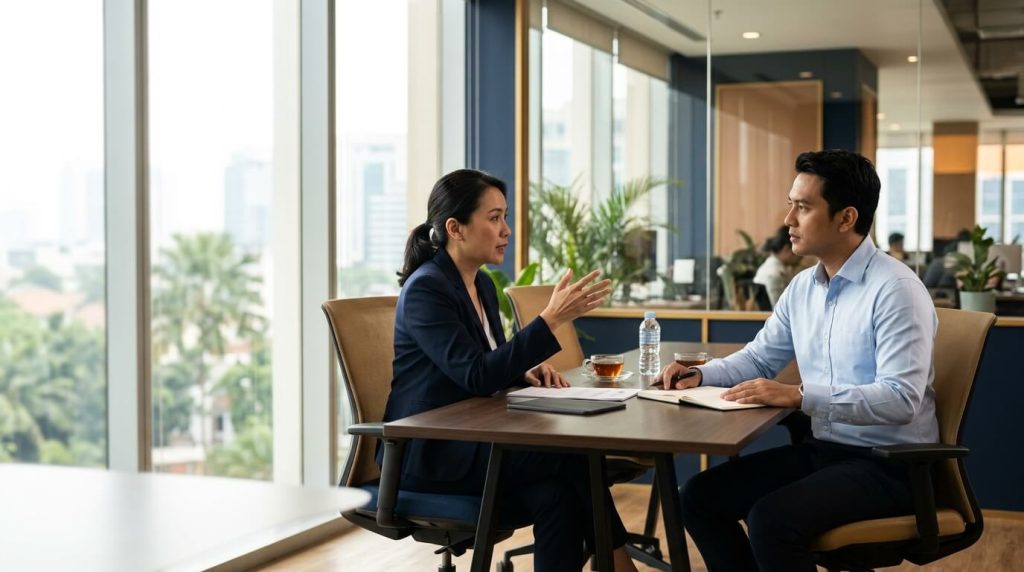 handling objection dilakukan sales profesional Indonesia saat mendengarkan keberatan klien di kantor modern Jakarta