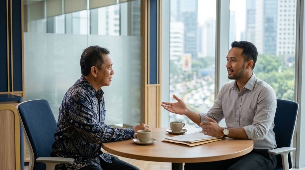 teknik closing konsultatif diterapkan sales profesional Indonesia dalam pertemuan dengan klien di kantor modern Jakarta